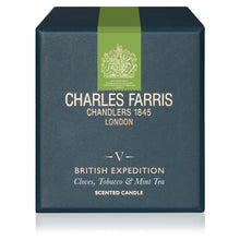 Load image into Gallery viewer, A square dark teal-blue box for a Charles Farris Chandler's 1845 London British Expedition scented candle, featuring a vertical light green stripe with a crest emblem and cream-colored text.