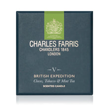 Load image into Gallery viewer, A square dark blue-gray box for a Charles Farris Chandler's 1845 London scented candle, featuring a green vertical label with a white crest and white text reading 'British Expedition Cloves, Tobacco & Mint Tea' and 'Scented Candle'.