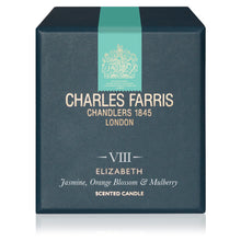 Load image into Gallery viewer, Charles Farris Chandler's 1845 London Elizabeth scented candle box, featuring a dark teal-blue textured finish with a vertical mint green stripe and gold lettering.