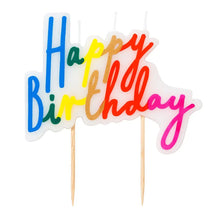 Load image into Gallery viewer, Large rainbow-coloured 'Happy Birthday' script candle with wooden picks, designed for cakes, featuring vibrant letters in blue, green, yellow, gold, red, and pink