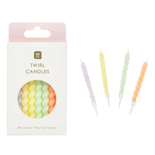 Load image into Gallery viewer, Box of pastel twisted birthday candles in pink, yellow, mint green, and peach, by Talking Tables – elegant cake decorations for birthdays and baby showers