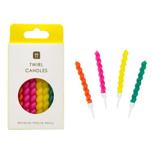 Load image into Gallery viewer, Pack of eight twisted rainbow birthday candles by Talking Tables in bright pink, orange, yellow, and green with holders – displayed in packaging and individually
