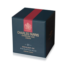 Load image into Gallery viewer, A dark navy blue square box for a Charles Farris scented candle, featuring a vertical red stripe with the brand crest and gold lettering that reads 'Redolent Fig' and 'Wild Fig & Green Accents'.