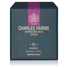 Load image into Gallery viewer, A square charcoal gray Charles Farris Chandler scented candle box with a vertical magenta-purple band and gold lettering, including the brand name, crest, and scent name Rubus Blackberry & Bay.