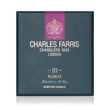 Load image into Gallery viewer, Charles Farris Chandlers 1845 London Rubus Scented Candle packaging box in dark blue with a purple crest and white text.