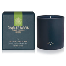 Load image into Gallery viewer, Dark blue candle with 'Charles Farris' packaging on a white background
