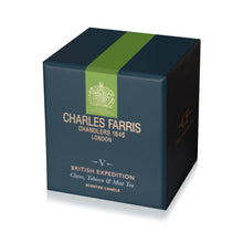 Load image into Gallery viewer, Charles Farris scented candle packaging on a white background
