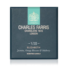 Load image into Gallery viewer, A square Charles Farris Chandler 1845 London scented candle box in a dark slate blue color, featuring a vertical mint green banner with a white crest and white text for the Elizabeth scent.
