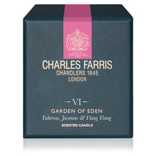 Load image into Gallery viewer, A dark teal-blue square box for a Charles Farris scented candle, featuring a vertical pink band with a gold crest and cream text reading 'CHARLES FARRIS', 'GARDEN OF EDEN', and 'SCENTED CANDLE'.
