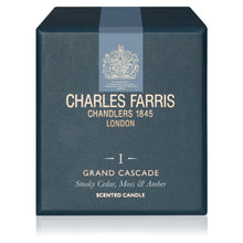 Load image into Gallery viewer, Charles Farris Grand Cascade scented candle packaging box in dark blue with gold lettering and a light blue vertical band near the top.
