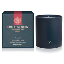 Load image into Gallery viewer, Charles Farris Chantiers 1845 Redolent Fig scented candle in a matte navy blue jar next to its dark teal packaging box with a red vertical stripe and gold lettering.

