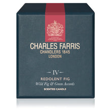 Load image into Gallery viewer, Charles Farris Chandler's 1845 London Redolent Fig scented candle box, featuring a dark navy blue textured finish, a vertical red ribbon with the brand crest, and gold lettering.
