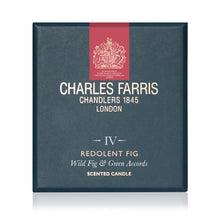 Load image into Gallery viewer, Charles Farris Redolent Fig scented candle packaging box, featuring a dark slate blue cover with a vertical red stripe and gold/white text and crest, shown on a white background with a soft reflection.
