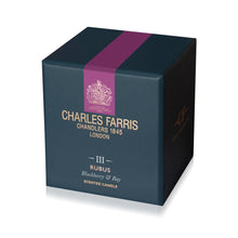 Load image into Gallery viewer, A dark navy blue square box for a Charles Farris Rubus scented candle, featuring a magenta-purple vertical band with a gold crest and gold lettering, on a white background.
